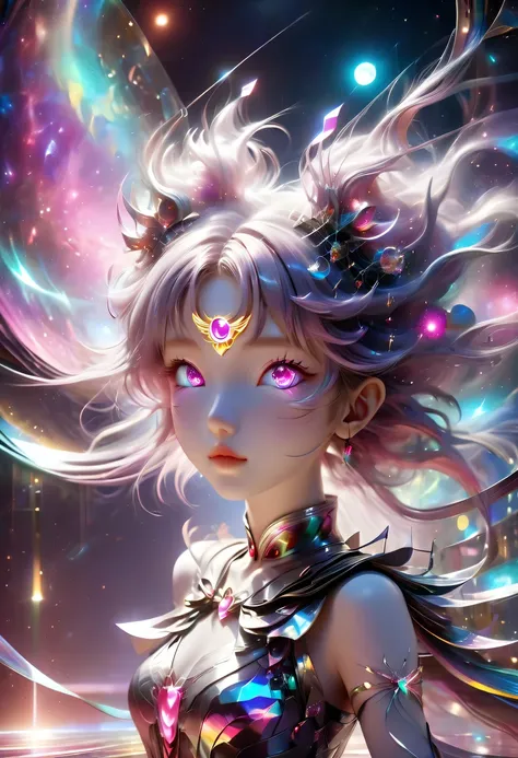 two-dimensional，A super cute &Quote;Sailor Moon&Quote;（Sailor Moon），mini pictures，Beautiful slim girl in anime style，cyberpunk，Steampunk，fault art，Holographic projection，mechanical aesthetics，Ancient，neon lights，laser light，fluorescence，space light，glow ef...