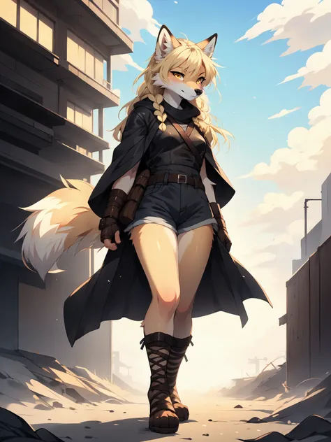 By fumiko, by hyattlen, by hioshiru, solo, tan fox girl, blonde hair, yellow eyes, cute snout, black nose, blonde fox tail, wearing brown cloak, leather armor top, leather short shorts, foot wraps, leather gauntlets, exposed fingers, feet wrapped in bandag...