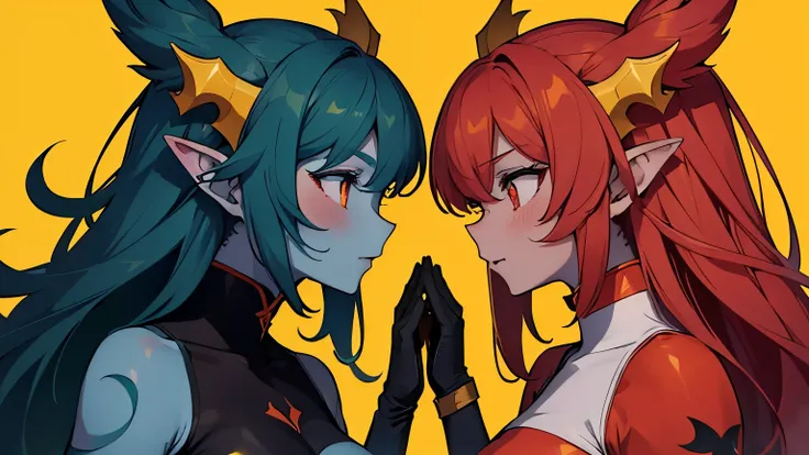 two dragon girls with red skin standing next to each other, flustered, simple yellow background, star shaped pupils, Tumblr artstyle