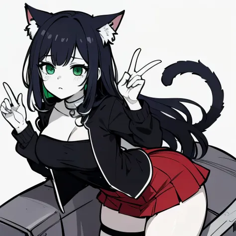 Cute anime cat girl, green eyes, curvy figure, wearing a skirt and jacket, tube top, dark blue hair 