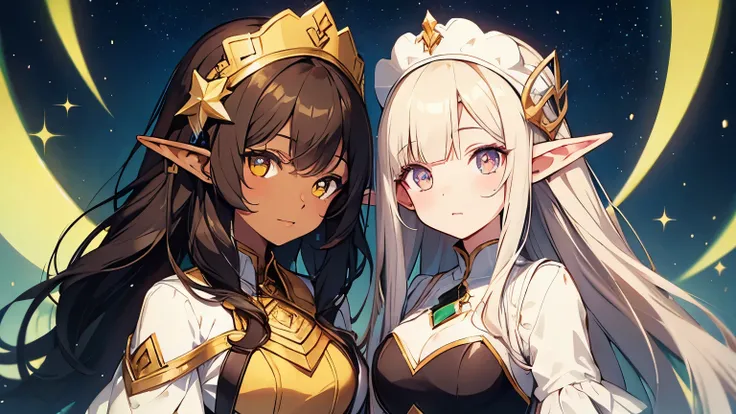 [elf girl with pale skin and brown hair], [elf girl with brown skin and black curly hair] standing next to each other, flustered, simple yellow background, star shaped pupils, Tumblr artstyle