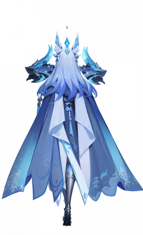 Close-up of the back of a character in costume,gorgeous costumes，flowing long hair，flowing blue cloak，Silver ice reflective armor, Ice crystal armor, Azure Cloak, Onmyoji Detailed Art, proper style, full body xianxia, Ghost knife style, Moon themed clothin...