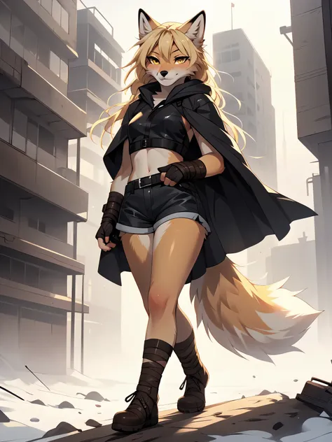 by fumiko, by hyattlen, by hioshiru, solo, tan fox girl, blonde hair, yellow eyes, cute snout, black nose, blonde fox tail, wear...