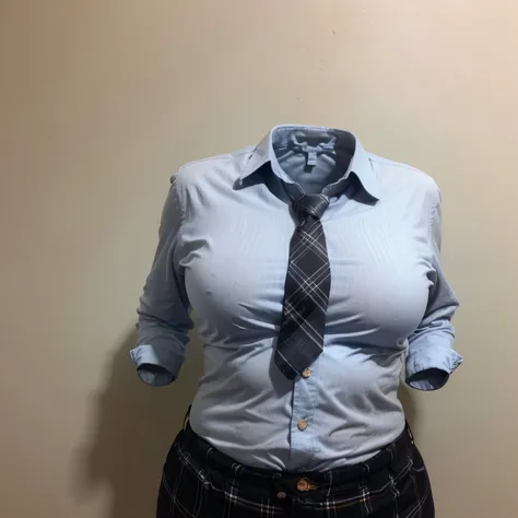 dynamic pose, (invisible, no humans, headless, faceless:1.5), cute big breasts, chubby, fat, plaid pants, stripe tie, frilled blouse