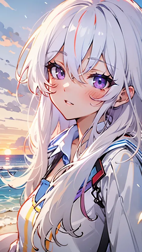 beach，seaside，Sunset，long white hair，purple eyes，White coat，black pleated skirt，8K resolution，（（face close-up）），anime, high quality