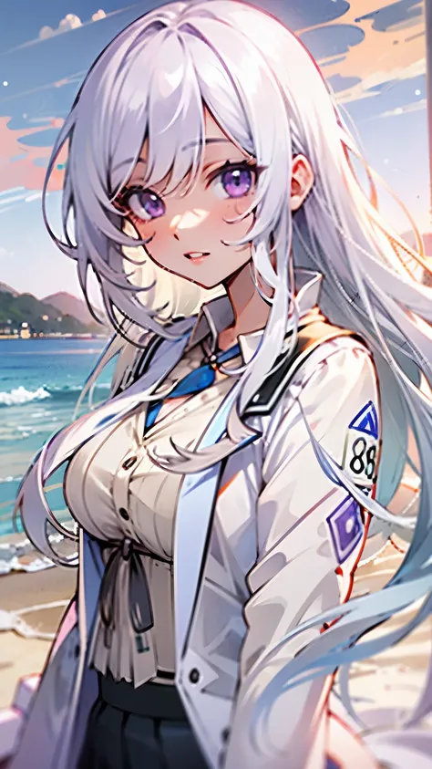 beach，seaside，Sunset，long white hair，purple eyes，White coat，black pleated skirt，8K resolution，（（face close-up）），anime, high quality