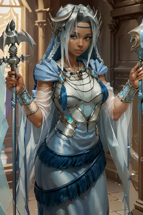 RPG game character, formidable cleric, dark skin, short straight black hair, small eyes, elf, silver tiara with a bright blue stone in the center, holding a magical healing scepter, priest outfit, light clothing with pastel shades of blue, golden chain ado...