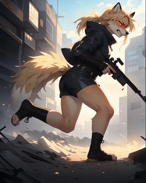 By fumiko, by hyattlen, by hioshiru, solo, tan fox girl, blonde hair, yellow eyes, cute snout, black nose, blonde fox tail, wearing brown cloak, leather armor top, leather short shorts, foot wraps, leather gauntlets, exposed fingers, feet wrapped in bandag...