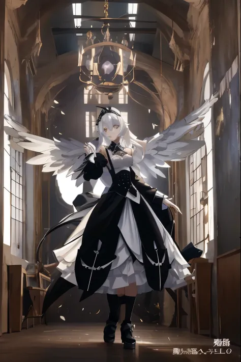 arafed image of a woman in a black and white skirt, gothic maiden anime girl, cartoon《Overlord》albedo in, Albedo of Overlord, cat boy role play! maid! skirt, Angel Knight Goth Girl, anime girl in a maid costume, Inspired by Lee Chi-shi, White-haired God, c...