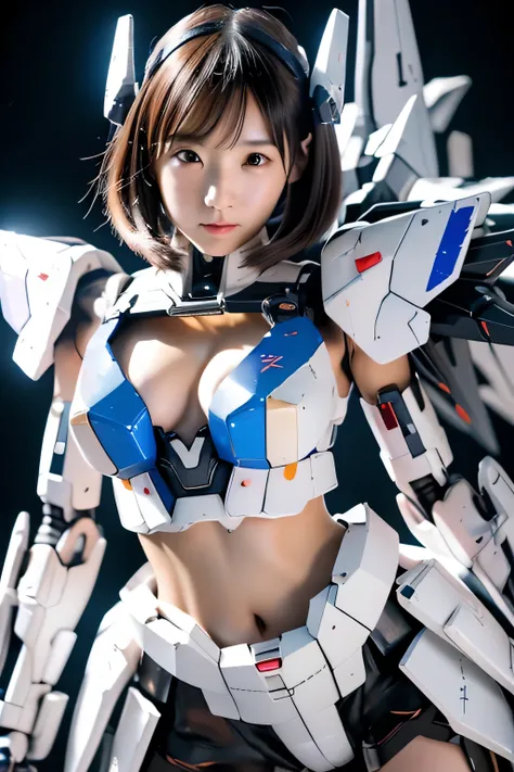 (highest quality)),
((masterpiece)),
(very detailed: 1.3),
3D,
japanese young girl wears a futuristic gundam mecha(gundam),
with headgear,
With V fins ,
((unarmored cleavage)),
((unarmored stomach)),
((unarmored upper arm)),
((face without armor)),
(unarmo...