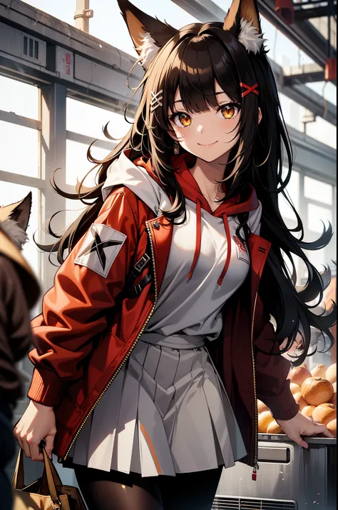 (((best quality, 1girl))), animal ears, fox ears, black hair, long hair, bangs, animal ear fluff, yellow eyes, blunt bangs, hair ornament, brown eyes, red hoodie, white jacket, skirt, white pantyhose, young, loli, smile, looking at viewer