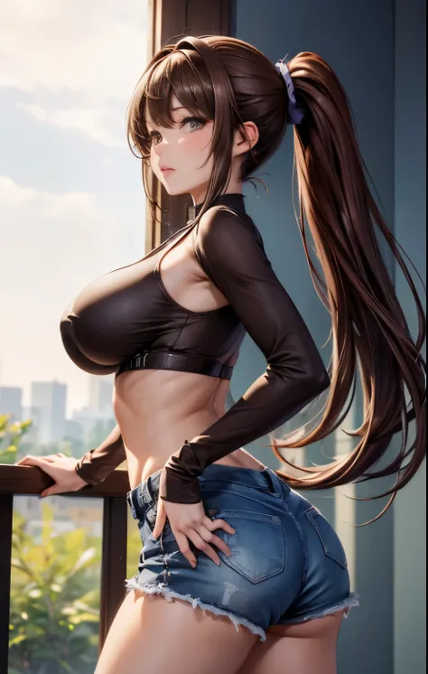 (masterpiece), (highest quality:1.2), 1 female, 26 years old, (masterpiece:1.3), exquisite details, highest qualityの8K解像度, Super detailed, reality, bright colors, soft tones, With warm and gentle lighting,  (mulberry brown hair:1.4, long high ponytail:1.6)...