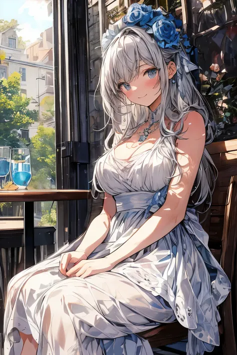 (higher resolution, distinct_image) The best quality, a woman, masterpiece, highly detailed, semi realistic, 26 years old, beautiful, young, handsome, interlaced white blue dress, small gem necklace on neck, exterior, cafe seat, window, sitting, afternoon,...