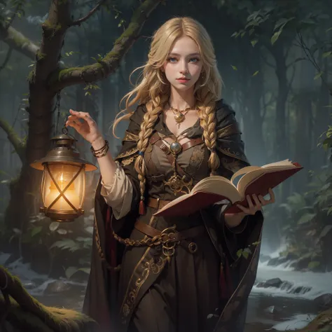 masterpiece, best quality, ultra-detailed, Female sorceress, hazel eyes, icy eyes, She has a cold smile on her mouth, magic book in her right hand, In her left hand hangs a small lantern, blond hair parted and down in two braids, modest brown dress, reddis...