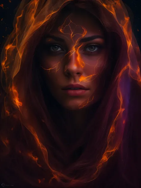 Image of a womans face half veiled in shadow, half illuminated by a fiery orange glow, symbolizing the internal struggle between light and darkness, love and evil, within the human soul. super dark and gory, UHD, best quality, 16k, anatomically correct, te...