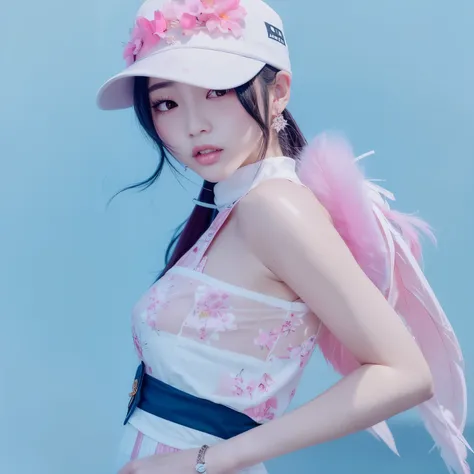 a close up of a woman wearing a hat and a pink feather, young wan angel, xintong chen, ruan jia beautiful!, sha xi, yanjun chengt, chengyou liu, jossi of blackpink, roseanne park of blackpink, xision wu, qifeng lin, wenfei ye, angelic wings on her back, of...