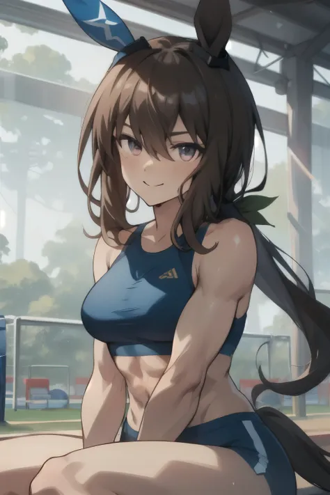 admire vega(umamusume), ((ultra-detailed face)), masterpiece, best quality, symmetrical face, beautiful face, slender, muscle, abs, sports bra, horse tail, smile, athletics track, hand between legs