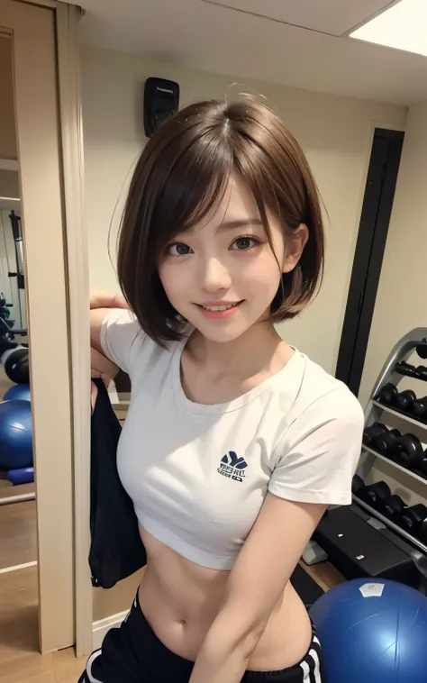 cute 21 year old japanese 、university student、cute sportswear,half pants、super detail face、eye for details、double eyelid、beautiful thin nose、sharp focus:1.2、Beautiful woman:1.4、(light brown hair,short haired、),pure white skin、petite、slender body、highest qu...