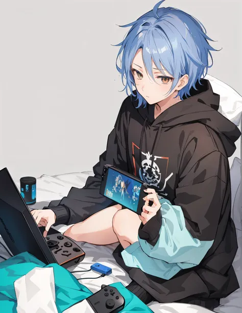 anime man play gaming console switch on a bed, at pixiv, high quality fanart, by Shitao, by Shingei, by Ei-Q, 2 d anime style, sasoura, by Kamagurka, detailed fanart, inspired by Okumura Togyu, hidari and vlop, hold gaming console, man brown Hoodie, and fo...