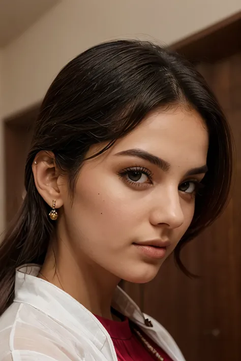 a portrait of a Saudi girl, looking at the viewer head hair black colour(full red and whitekurta)