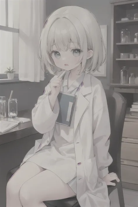 (masterpiece, best quality) Long shot, detailed, 1 girl, lab coat, disheveled hair, high, disheveled hair, laboratory handbook, tired eyes, yawn, seat, dim ambient light
