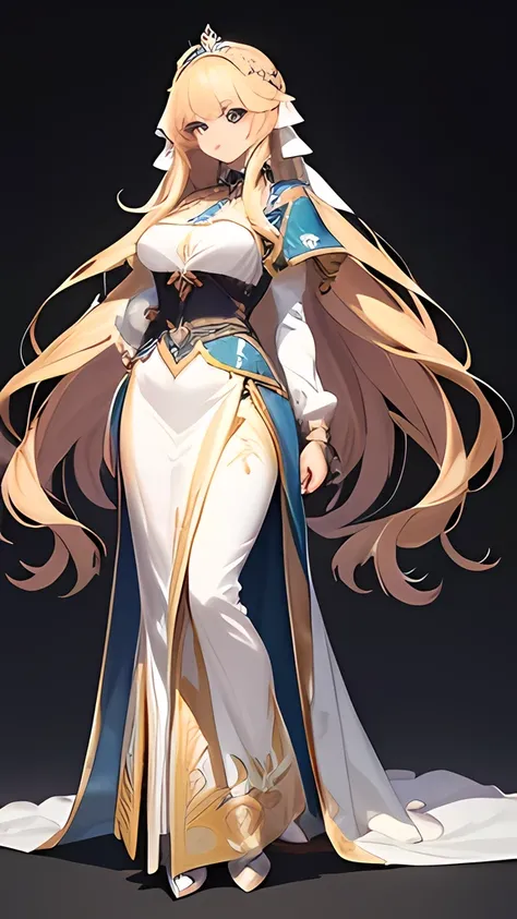 full body of a tall beautiful girl, medieval princess dress, magesitic poses, long gorgeous blonde hair. refined and polite outfits, clear face, masterpiece, super detail, epic composition, ultra HD, high quality, extremely detailed, official art, uniform ...