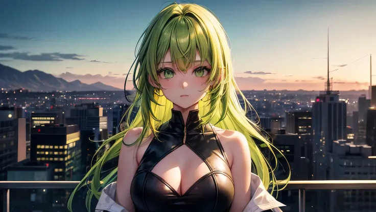 Draw a girl with green hair with yellow highlights in the bangs, green hair with yellow hair on the inside, green eyes, and a scar on her cheek, standing with the night view of the city behind her.