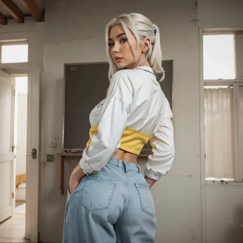 Emily Sears with white hair,(best quality,high resolution:1.2),(realistisch,fotorealistisch:1.37),Backshot,Baggy-Outfit,Vintage-Stil,Gelb,Rot,Blau.