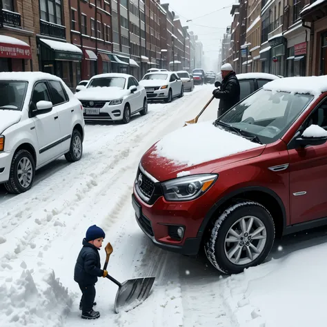 Small man with big shovel shovels snow from the street, other people look at him while drinking tea, cars barely move.