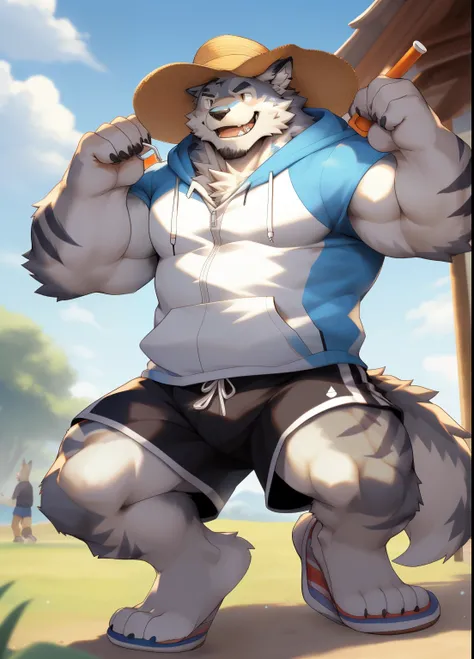 hairy，（（Wolf，hoodie，shorts，slippers）），white fur，male，Common，full body picture（（极其lifelike阴影，masterpiece，Very detailed，lifelike））， （（Cat）），dynamic poses，Tanonaka，wearing a straw hat，rod，Smile（（极其lifelike背景，masterpiece，Very detailed，lifelike））