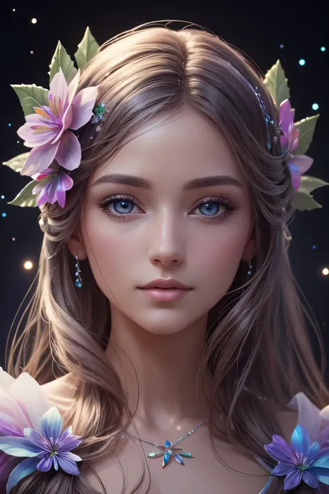 A breathtakingly beautiful 3D render of a fairy Christmas flower, radiating a soft, ethereal glow, delicately positioned on a womans face, creating an enchanting and cinematic effect against the stark backdrop of black paper. Captured in the highest defini...