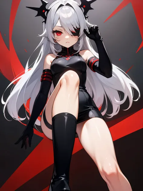 knee high　Long gloves　mini dress　gray hair　red eye　odd eye　Black costume　high resolution