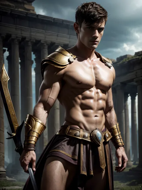 ((masterpiece)),((best quality)),8k, high detailed, ultra-detailed, Stylish Pose, real skin texture, dark cinematic lighting, full body shot, 35 mm lens, night, dark night, masculine, 26-year-old Italian male model, handsome Roman, he is the god of war, he...