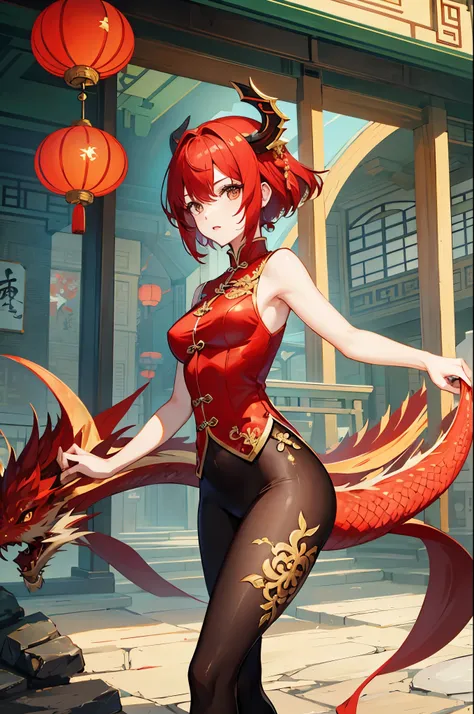 Beauty with red short hair，Chinese style，Surrounded by Chinese dragons