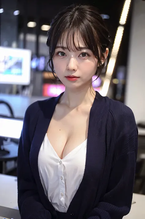 highest quality, masterpiece, ultra high resolution, (reality: 1.4), Original photo, 1 girl, cinematic lighting, short cut hair, (big breasts), (cleavage), ((glossy lips))