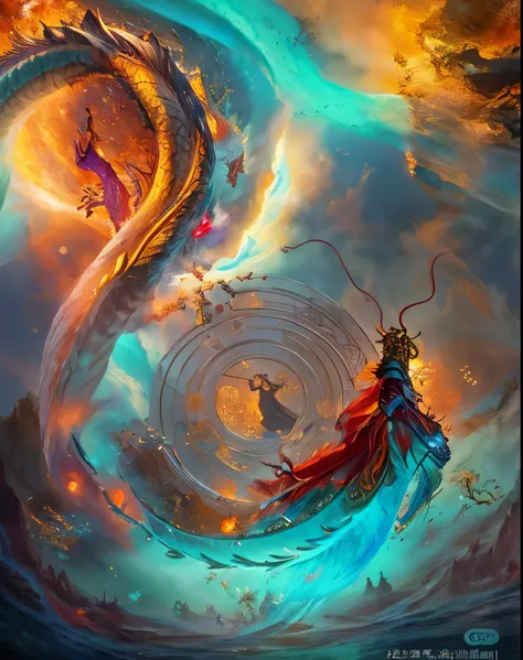 Arafad image of a man wearing a red robe standing in a body of water, person with dragon soul, Chinese dragon concept art, stunning fantasy art, Chinese fantasy, dragon art, Popular digital fantasy art, Chinese mythology, cyan chinese dragon fantasy, A bea...