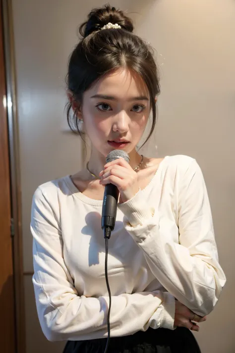 ((best quality)), ((masterpiece)), (detailed), Background in the office，There is a cute little puppy，Naturally shy face，Female holding a microphone and talking，long sleeve work，Hair tied up