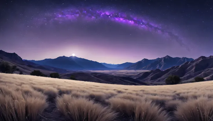 dry grass in front with mountains in the distance with a starry sky, con halo de color purpura que atraviesan el cielo, arte cla...