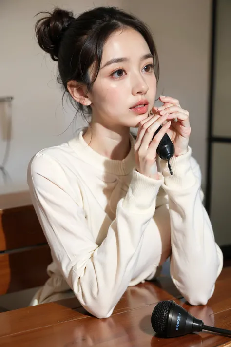 ((best quality)), ((masterpiece)), (detailed), Background in the office，A cute puppy，Female natural shy face，Talking with a microphone in hand，long sleeve work，Hair tied up