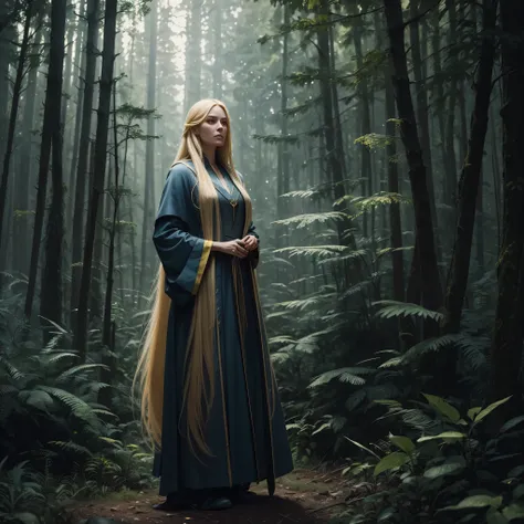 digital drawing of wizard woman with long yellow hair standing in a forest by jeremy lipking and greg rutkowski and artgerm rendered in octane, beuatiful lighting 