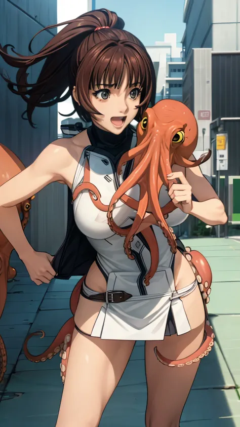 woman,20-year-old,,city,night,white tight miniskirt bodysuit,(Harada Makoto),open mouth smile,(((See-through)))(((octopus)))