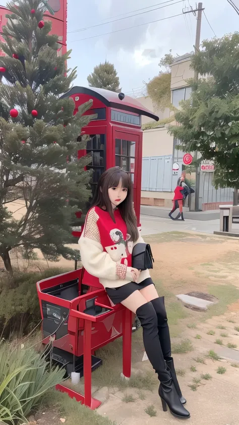 A beautiful woman standing。red and white sweater，black skirt，Black boots。Christmas tree and red phone box in the background。🕹️ 😎 🔫 🤖 🚬, Dilireba, 🤬 🤮 💕 🎀, 🕹️ 😎 🚬, Bae Xiuzhi, 8k)), exclusive, Minami Zaiwa, santa, Height 165 cm, 😭 🤮 💕 🎀