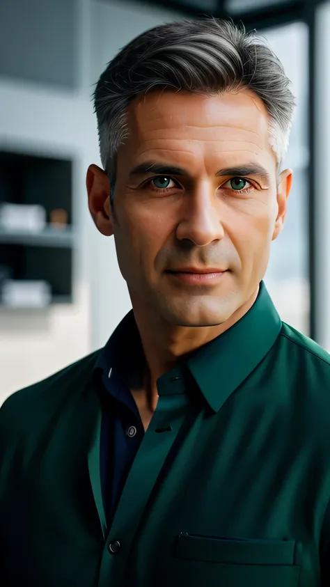 RAW photo, 8k UHD, high detailed skin, handsome doctor facing the camera, 40yo, bavarian man, green eyes, rule of thirds, masterpiece, photography, ultra realism, realistic, doctor office, golden hour, portrait, facing camera, grey short hair, soft lightin...