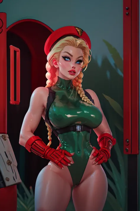 masterpiece, best quality, highres, 1girl, cammy white, twin braids, long hair, blonde hair, antenna hair, beret, (red headwear:1.3), blue eyes, scar on cheek, green leotard, large breasts, sleeveless, red gloves, fingerless gloves, camouflage, cowboy shot...