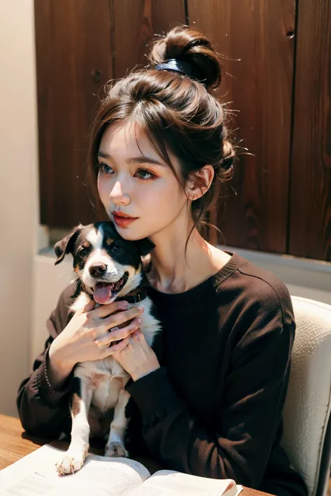 ((best quality)), ((masterpiece)), (detailed), Background in the office，Girl holding cute dog，Talking with a microphone in hand，long sleeve work，Hair tied up