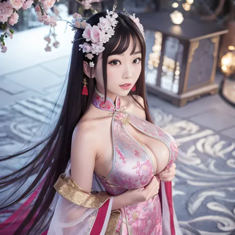 Chinese magical princess, beautiful, extremely detailed silk dress, large breasts