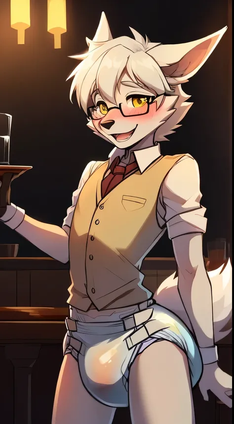 male, arctic wolf, detailed yellow eyes, thick plain diaper with 4 tapes, happy, blushing, slim, sly, glasses, bartender