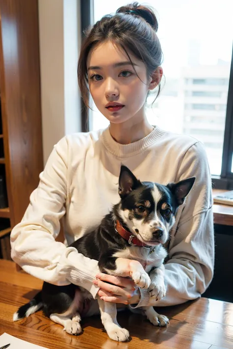 ((best quality)), ((masterpiece)), (detailed), Background in the office，Girl holding cute dog，Talking into the microphone，long sleeve work，Hair tied up