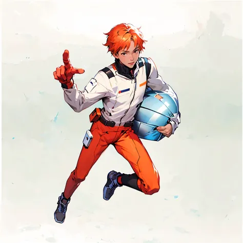 A man holding a spacesuit helmet，Fato aeroespacial，White background，(best quality,4k,8k,highres,masterpiece:1.2),ultra-detailed,(realistic,photorealistic,photo-realistic:1.37),backpack-carrying anime character jumping in the air, official character artwork...