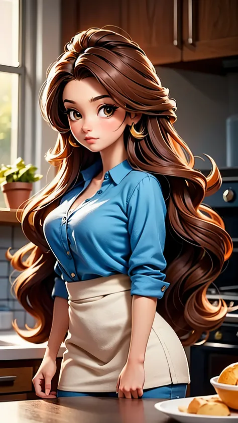 25-yo girl with long brown hair and blue shirt posing in kitchen, fluffy hair, flowing massive hair, cute detailed digital art, deviantart artstation cgscosiety, in the style of ross tran, beautiful digital artwork. UHD, best quality, 16k, anatomically cor...